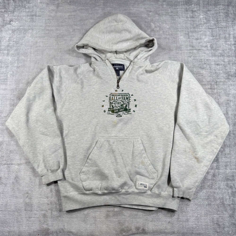 Green Bay Packers Hoodie Mens Large Gray Quarter Zip Hall of Fame Ebroidered NFL